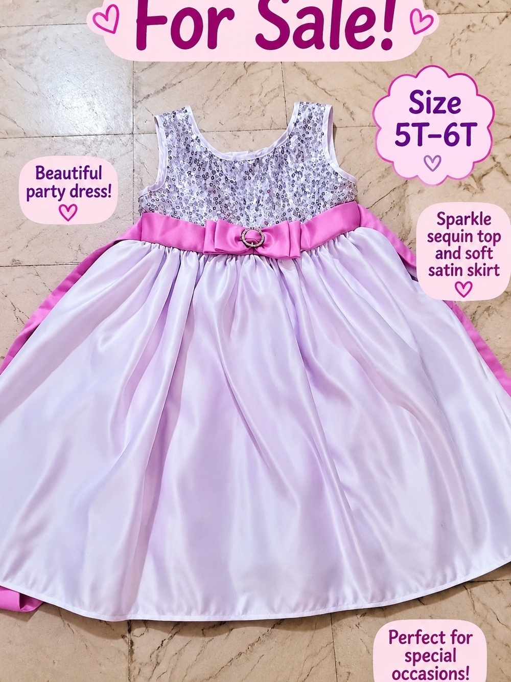 Girls Pink Sequin & Satin Party Dress - Size 5T-6T